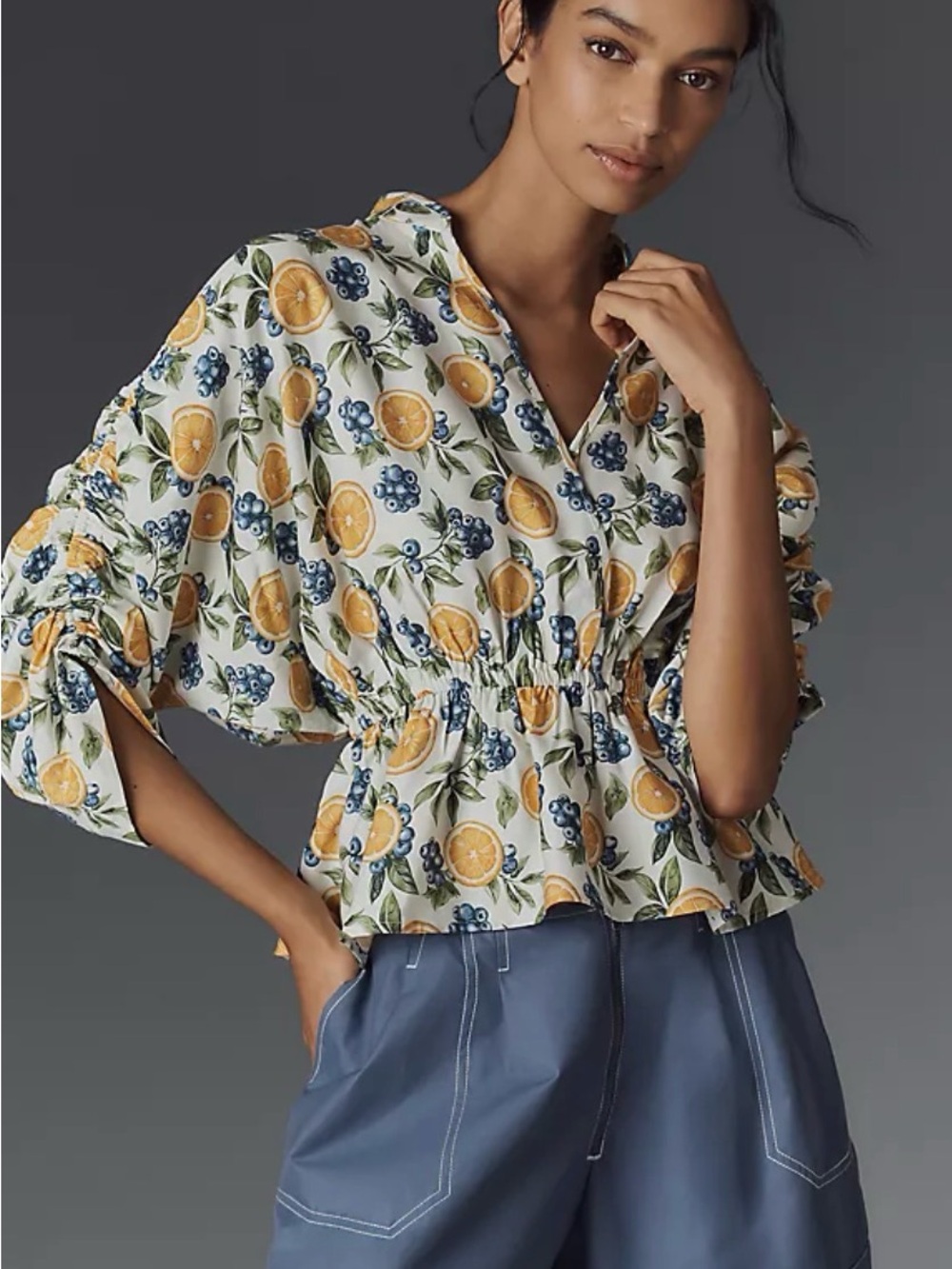 Anthropologie Maeve Short-Sleeve Ruched Peplum Blouse - Picture 1 of 8